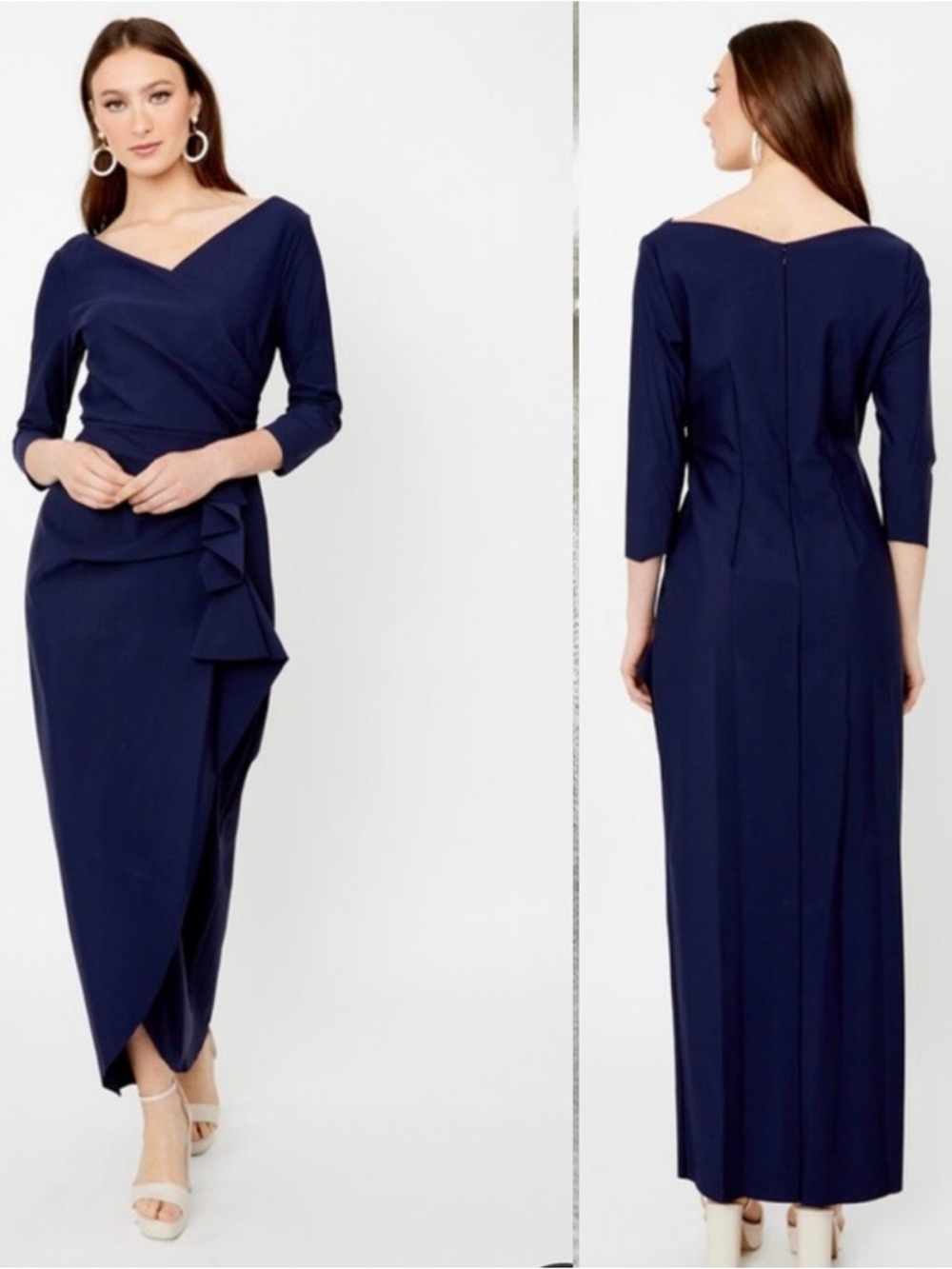 Alex Evenings Faux Wrap Cascade Ruffle Jersey Gown Navy Blue NWT Size 6 - Picture 2 of 16